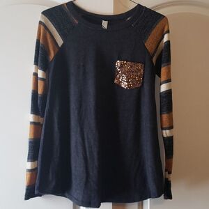 Flamingo Womens Striped Long Sleeve‎ Fashion Top Sparkle Pocket Striped SZ S